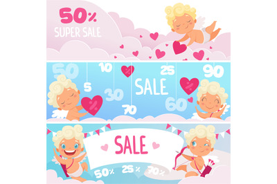 Valentine day sale banners. Red hearts cute funny cupids with bow roma