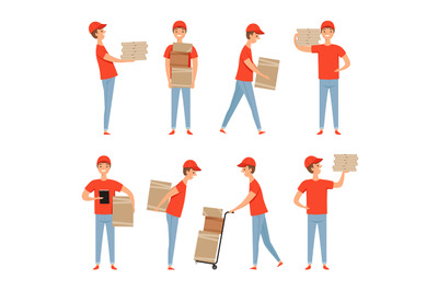 Delivery characters. Pizza food packages loader service man working in