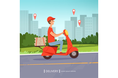 Delivery pizza background. Fresh food fast delivery man red motorcycle