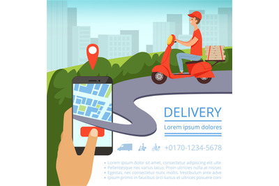 Order delivery online. Shipment tracking system mobile delivery man mo