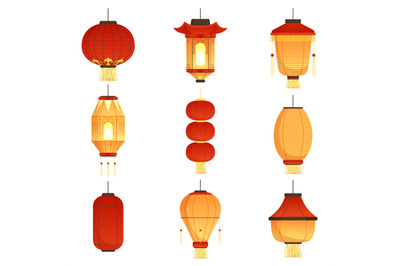 Asian cartoon lanterns. Chinese and chinatown festival papers lanterns