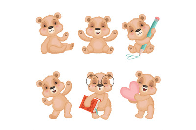 Teddy bear characters. Fluffy cute toys for kids bear vector mascots i