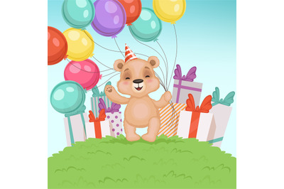 Cute bear background. Funny teddy bear toy for kids sitting or standin