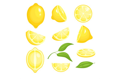 Fresh lemons collection. Yellow sliced citrus fruits with green leaf f