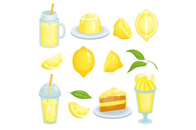 Lemon food. Cakes, lemonade and others yellow foods with lemons ingred