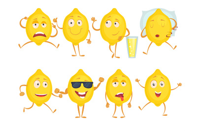 Lemon funny characters. Fresh fruits emotions sadness joy surprise and