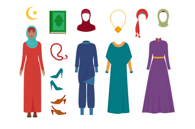 Arab women clothes. National islamic fashion female wardrobe items hea