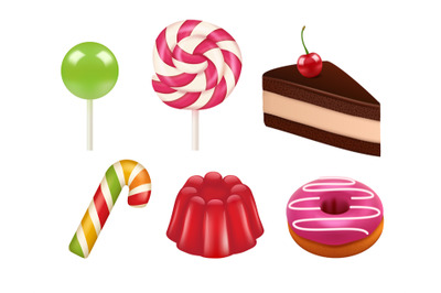 Candy realistic pictures. Caramel and chocolate sweets colored lollipo