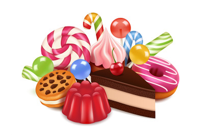 Dessert illustrations. Background with homemade cakes, chocolate candy