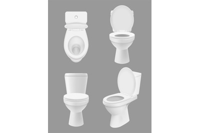 Realistic clean toilet. White bowls in bathroom or washing room variou