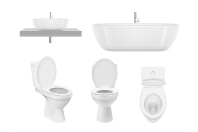 Realistic bathroom collection. Toilet, washing cabinet bowl bathroom s