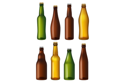 Blank beer bottles. Colored glass containers, vessels for brown and li