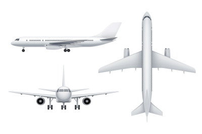 Civil aircraft views. Passenger white plane in various views fly trans