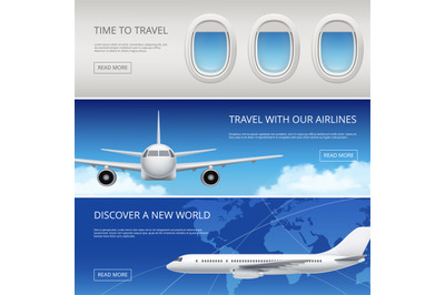 Sky airplane tourism banners. Civil aviation pictures of blue sky and