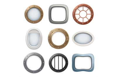 Plane window. Ship boat round glass portholes aircraft interior vector