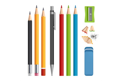 Pencils set. Stationery tools sharpen, colored wood pencils with rubbe