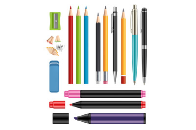 Pen and pencils. Office stationery school colored items of education h