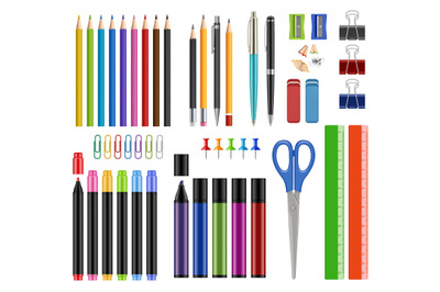 Stationary collection. Pen pencils sharpen rubber school education too