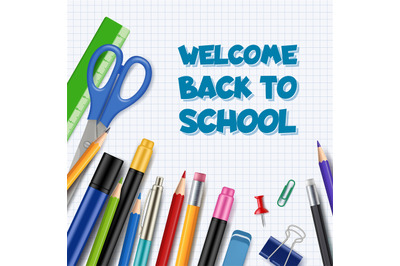 Back to school background. Pen with pencils office supply tools collec