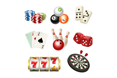 Casino game icons. Playing cards bowling domino darts dice vector real