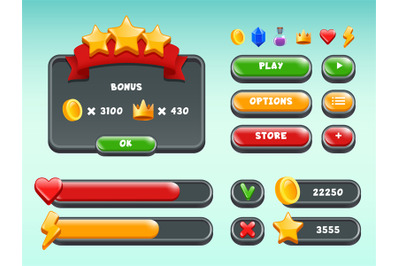 Games gui set. Mobile gaming user interface icons and items colored bu