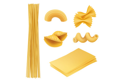 Pasta realistic. Italian food farfalle fusilli macaroni cook ingredien