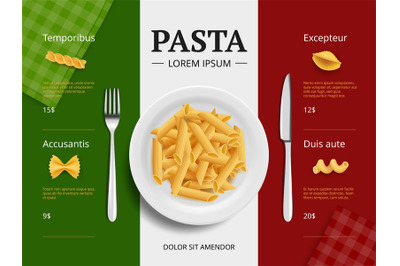 Italian menu cover. Pasta on plate delicious restaurant food macaroni