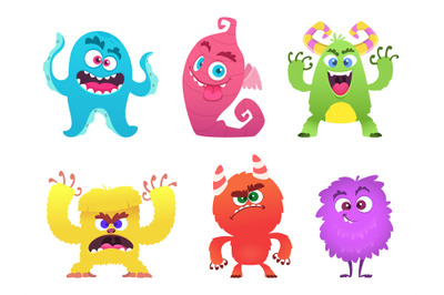 Cartoon monsters. Goblin gremlin troll scary cute faces of colored mon