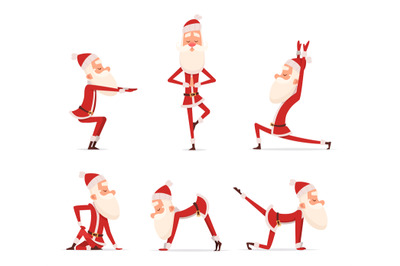 Santa yoga poses. Christmas winter holiday sport healthy character sta