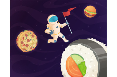 Astronaut on food planet. Fantasy space world with candy fast food bur