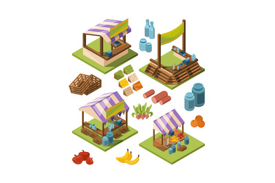 Local farm isometric. Food marketplaces with meat vegetables fish groc