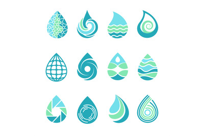 Drops logos. Colored water aqua splashes nature symbols liquid food an