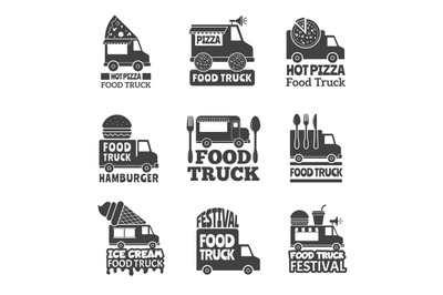 Food truck car. Street catering fast delivery mobile van monochrome ba