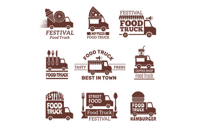 Food truck logo. Street festival van fast catering outdoor kitchen vec