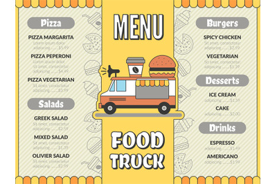 Food truck menu. Outdoor kitchen in car mobile van mexican tacos ice c