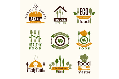 Food logos. Healthy kitchen restaurant buildings cooking house spoon a