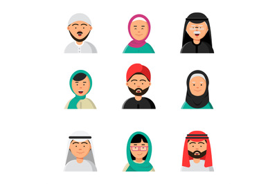 Islam people icon. Web arabic avatars muslim heads of male and female