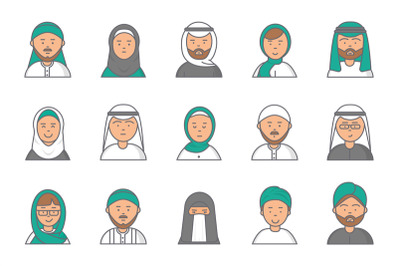 Islam linear avatars. Arabian muslim saudi male and female vector face