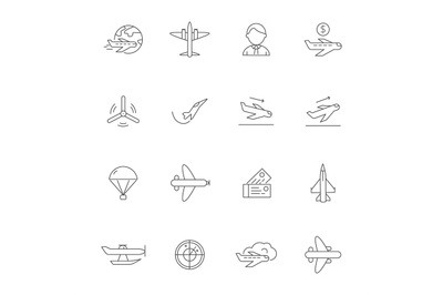 Aircraft line icons. Airplane travelling symbols of avia company vecto