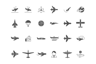 Airplane black icons. Jet aircraft military forces and civil aviation