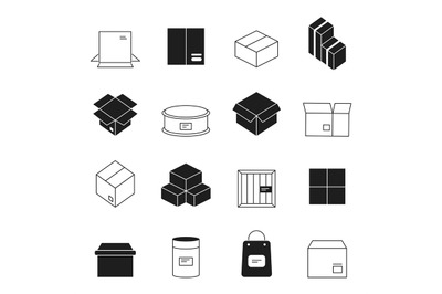 Box symbols. Wooden and cardboard stack export boxes opened and closed