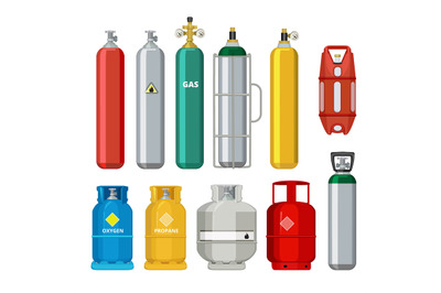 Gas cylinders icons. Petroleum safety fuel metal tank of helium butane