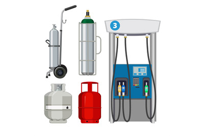 Gas station. Pumping petrol types metal tank cylinders vector illustra