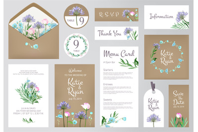 Floral invitation cards. Beautiful wedding love greeting beauty invite