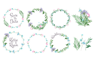 Floral frames. Circle shapes with flowers branches decorative elements