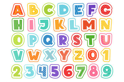 Cartoon alphabet. Cute colored letters numbers signs and symbols for s