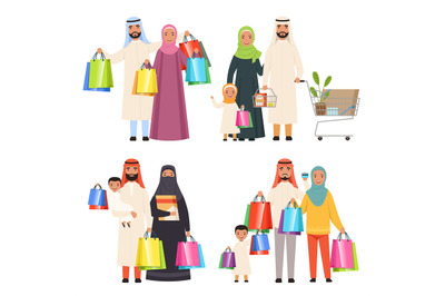 Saudi family. Market arabic male and female characters shiopping holdi