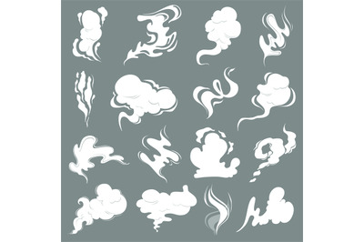 Steam clouds. Cartoon dust smoke smell vfx explosion vapour storm vect