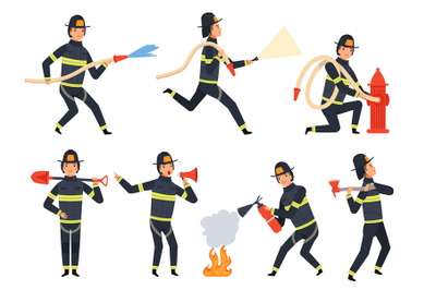 Fireman characters. Rescue firefighter saving helping people water and