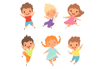 Jumping children. Cute surprised playing crazy happy kids male and fem